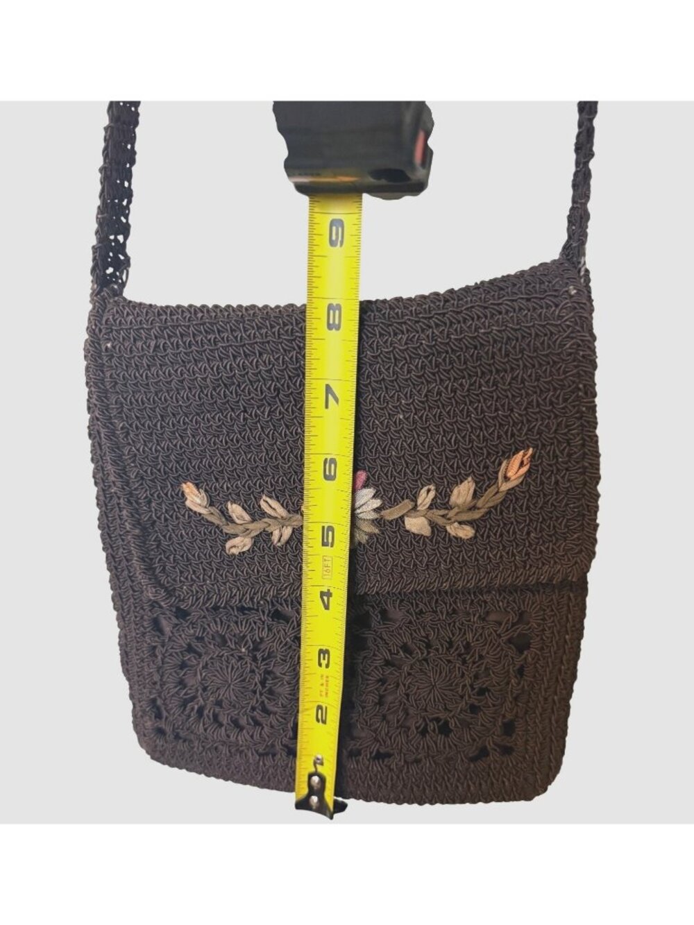 Vintage Boho Crocheted Dark Brown Crossbody Bag With Floral Embroidery Beautiful - Picture 5 of 9